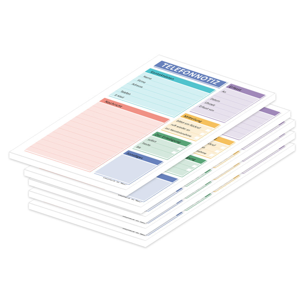telefonnotizblock memo, bunte optik, mit platz für datum, anruferinfos und anmerkungen, 5er set