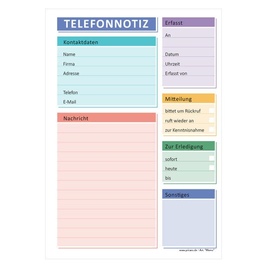 telefonnotizblock memo, bunte optik, mit platz für datum, anruferinfos und anmerkungen, front ansicht