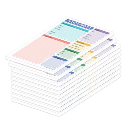 telefonnotizblock memo, bunte optik, mit platz für datum, anruferinfos und anmerkungen, 10er set