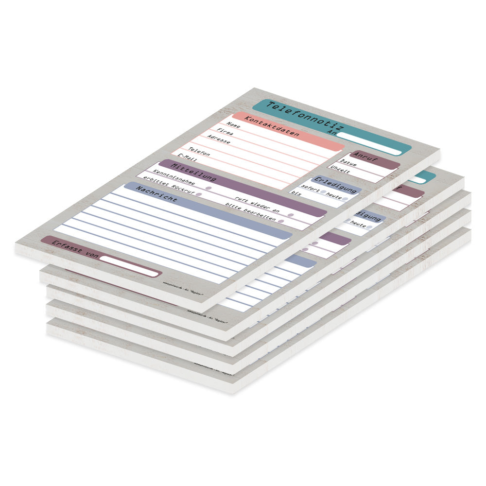 telefonnotizblock register, grau-bunte optik, mit platz für datum, anruferinfos und anmerkungen, 5er set