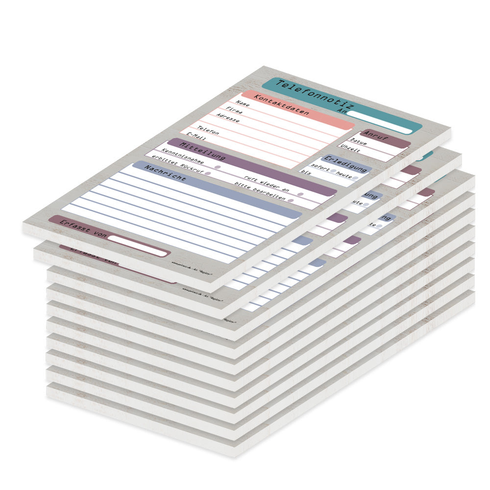 telefonnotizblock register, grau-bunte optik, mit platz für datum, anruferinfos und anmerkungen, 10er set
