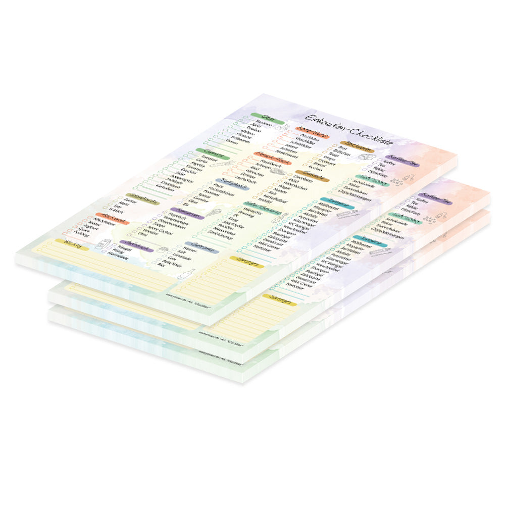 einkaufsliste system checkliste a5, mit aufgeführten lebensmitteln und feldern zum ankreuzen, welches lebensmittel benötigt wird, bunte optik, 3er set