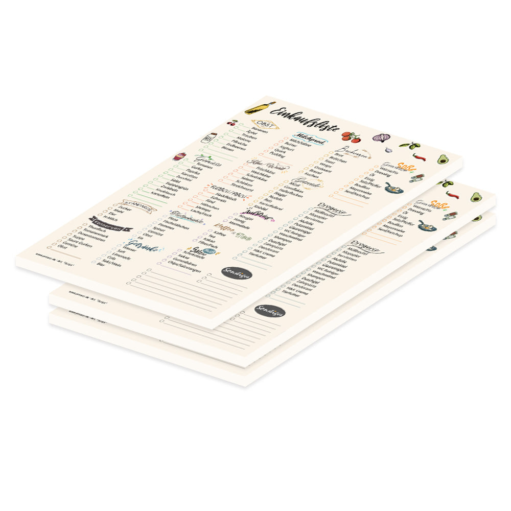 einkaufsliste system script a5, mit aufgeführten lebensmitteln und feldern zum ankreuzen, welches lebensmittel benötigt wird, beige optik,3er set