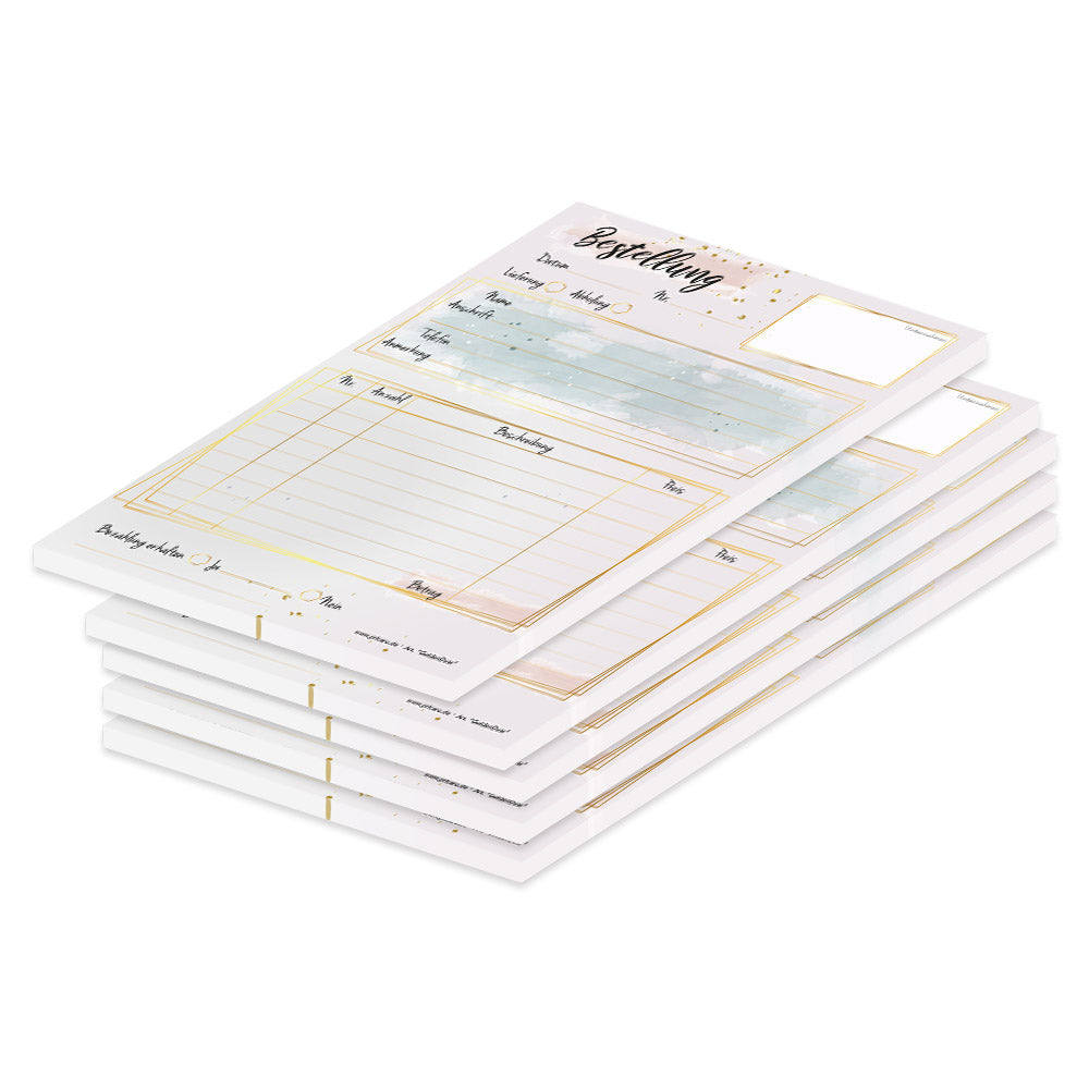 Bestellannahmeblock golden dots, a5, rosa optik mit goldenen punkten, modernes design, platz für wichtige bestellinformationen wie kundendaten, artikeldaten, preis, uvm.,5er set