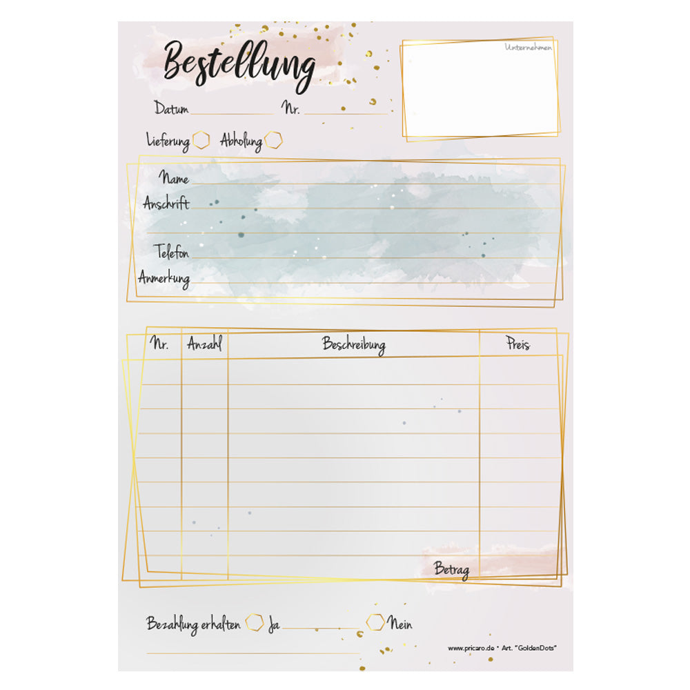 Bestellannahmeblock golden dots, a5, rosa optik mit goldenen punkten, modernes design, platz für wichtige bestellinformationen wie kundendaten, artikeldaten, preis, uvm., frontansicht