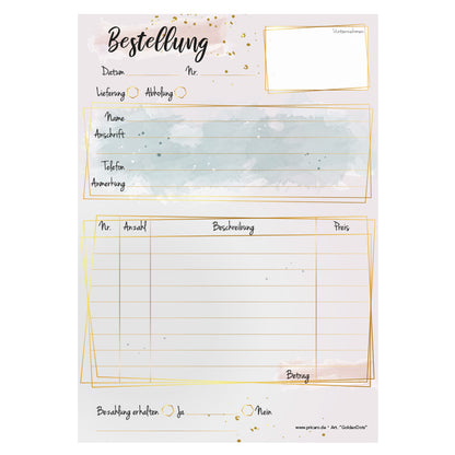 Bestellannahmeblock golden dots, a5, rosa optik mit goldenen punkten, modernes design, platz für wichtige bestellinformationen wie kundendaten, artikeldaten, preis, uvm., frontansicht