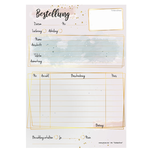 Bestellannahmeblock golden dots, a5, rosa optik mit goldenen punkten, modernes design, platz für wichtige bestellinformationen wie kundendaten, artikeldaten, preis, uvm., frontansicht