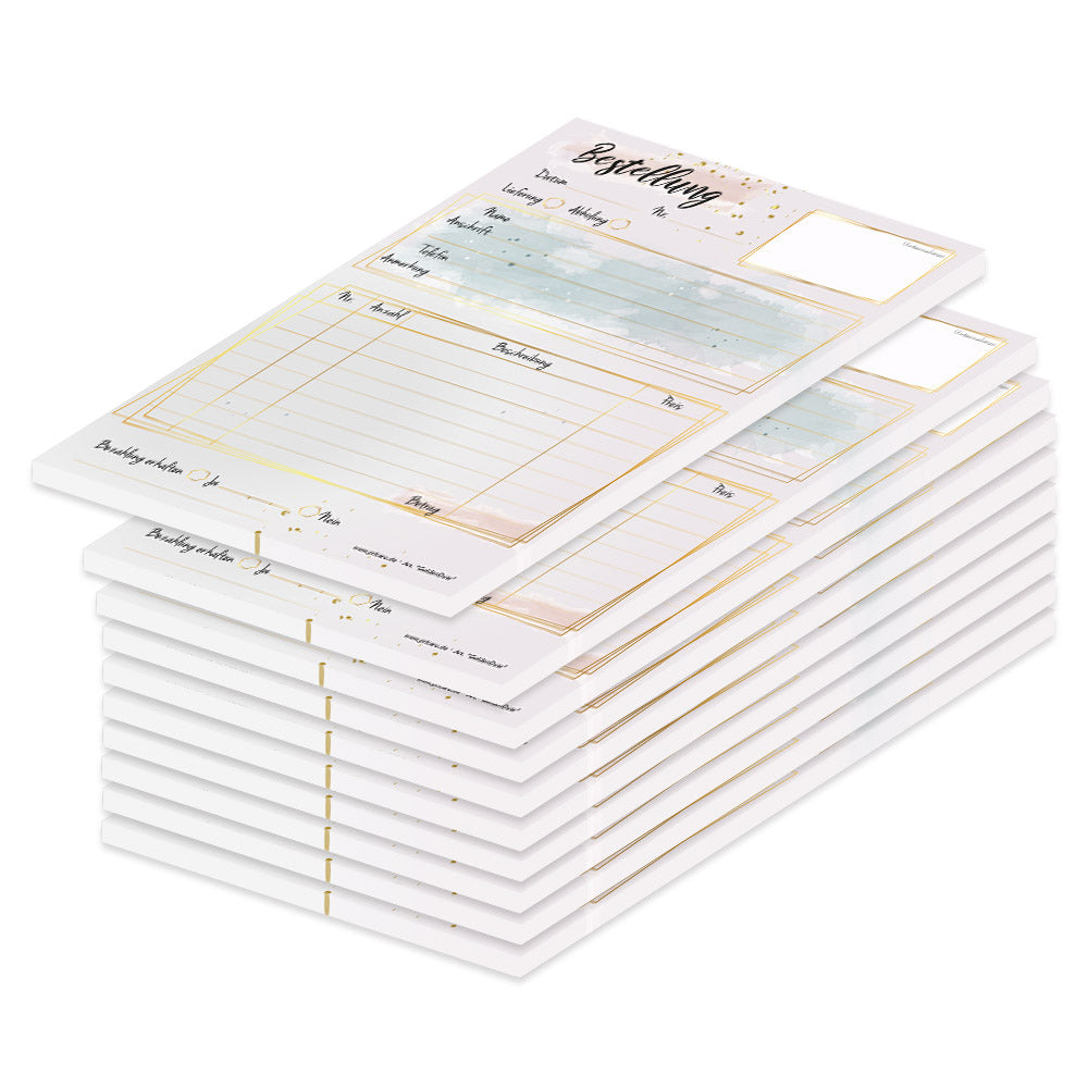 Bestellannahmeblock golden dots, a5, rosa optik mit goldenen punkten, modernes design, platz für wichtige bestellinformationen wie kundendaten, artikeldaten, preis, uvm., 10er set