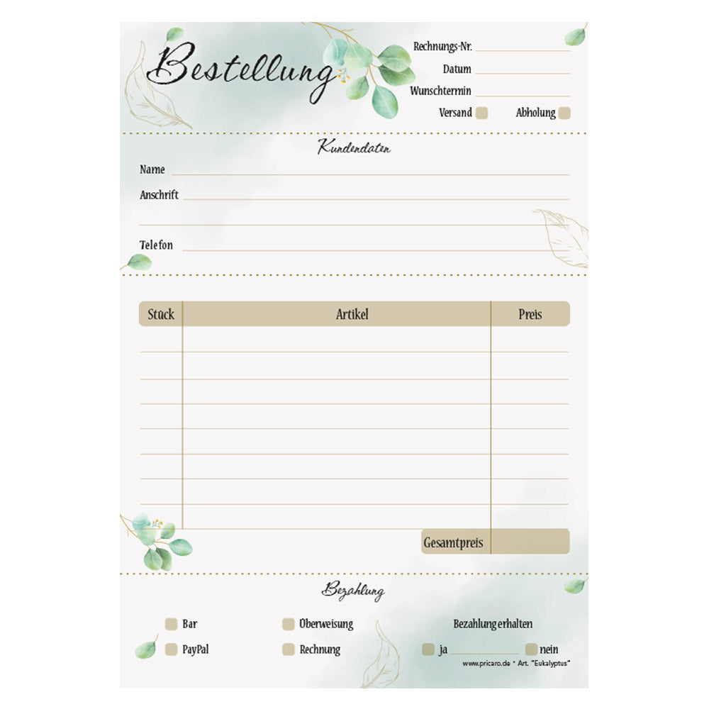 Bestellannahmeblock eukalyptus, a5, grün-braune optik mit blättermotiven, platz für wichtige bestellinformationen wie kundendaten, artikeldaten, preis, uvm., frontansicht