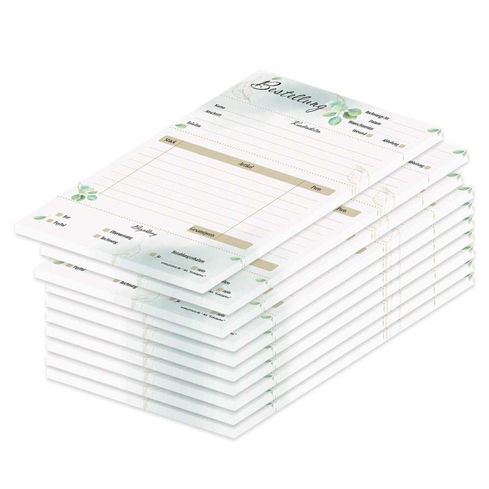 Bestellannahmeblock eukalyptus, a5, grün-braune optik mit blättermotiven, platz für wichtige bestellinformationen wie kundendaten, artikeldaten, preis, uvm., 10er set