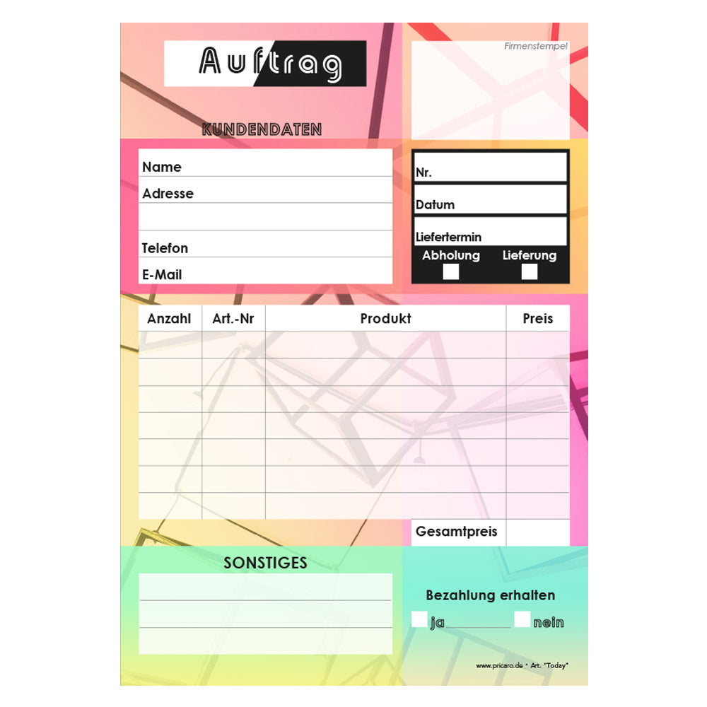 Bestellannahmeblock today, a5, bunte optik, modernes design, platz für wichtige bestellinformationen wie kundendaten, artikeldaten, preis, uvm., frontansicht