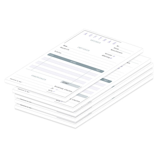 Bestellannahmeblock basic, a5, grau-weiße optik , schlichtes design, platz für wichtige bestellinformationen wie kundendaten, artikeldaten, preis, uvm., 5er set