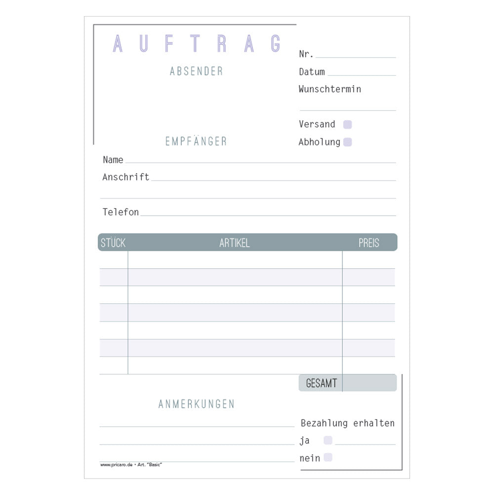 Bestellannahmeblock basic, a5, grau-weiße optik , schlichtes design, platz für wichtige bestellinformationen wie kundendaten, artikeldaten, preis, uvm., frontansicht