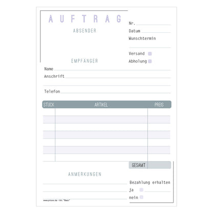 Bestellannahmeblock basic, a5, grau-weiße optik , schlichtes design, platz für wichtige bestellinformationen wie kundendaten, artikeldaten, preis, uvm., frontansicht