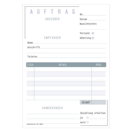 Bestellannahmeblock basic, a5, grau-weiße optik , schlichtes design, platz für wichtige bestellinformationen wie kundendaten, artikeldaten, preis, uvm., frontansicht