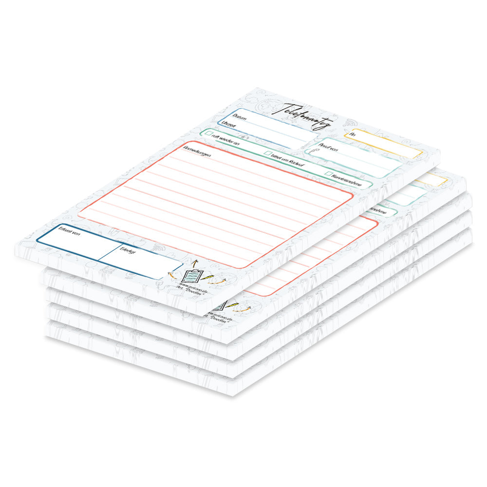 telefonnotizblock doodles, grau-bunte optik, mit platz für datum, anruferinfos und anmerkungen, 5er set