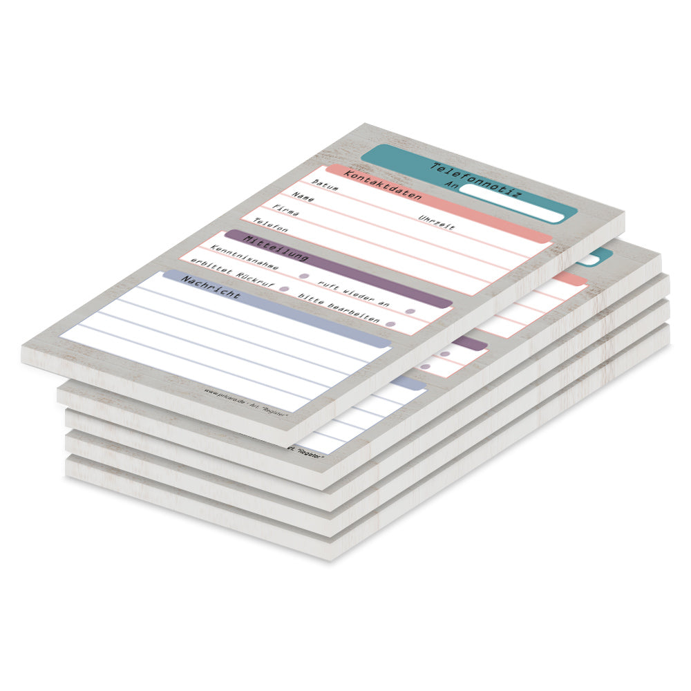 telefonnotizblock register, grau-bunte optik, mit platz für datum, anruferinfos und anmerkungen, 5er set