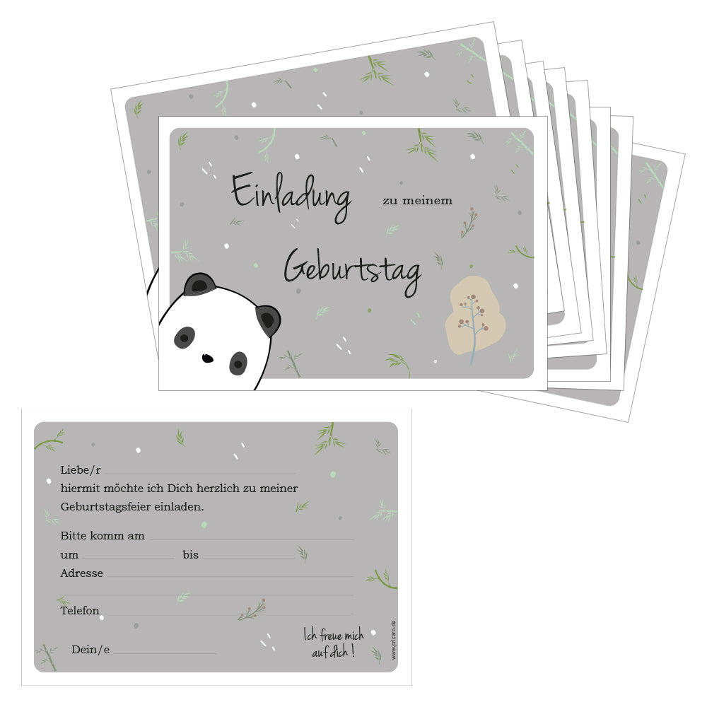 einladungskarte für kindergeburtstag. motiv pandabär, vorder- und rückseite. vorderseite pandabärenmotiv, rückeseite details zur einladung
