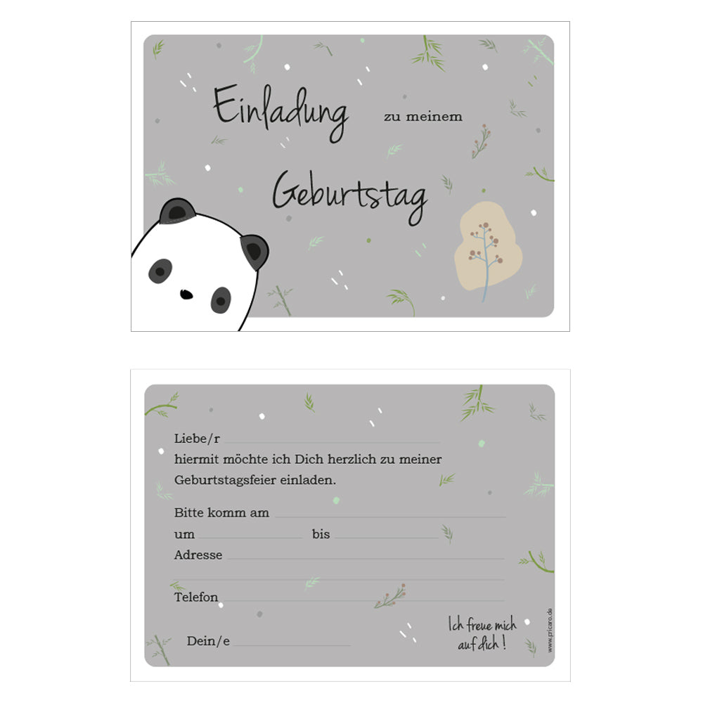 einladungskarte für kindergeburtstag. motiv pandabär, vorder- und rückseite. vorderseite pandabärenmotiv, rückeseite details zur einladung