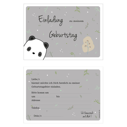 einladungskarte für kindergeburtstag. motiv pandabär, vorder- und rückseite. vorderseite pandabärenmotiv, rückeseite details zur einladung