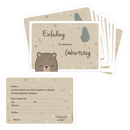 einladungskarte für kindergeburtstag. motiv grizzlybär, vorder- und rückseite. vorderseite grizzlybärenmotiv, rückeseite details zur einladung