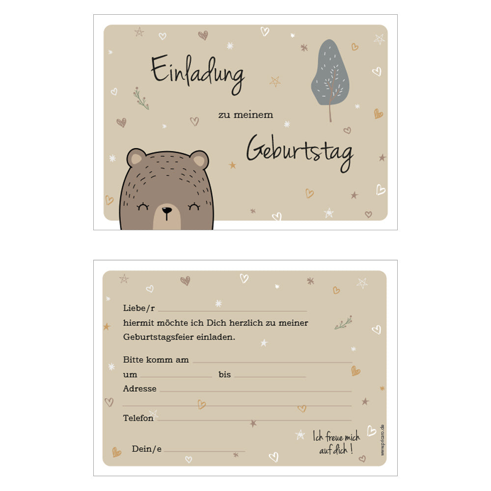 einladungskarte für kindergeburtstag. motiv grizzlybär, vorder- und rückseite. vorderseite grizzlybärenmotiv, rückeseite details zur einladung