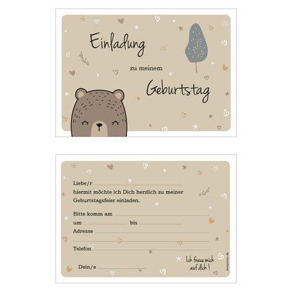 einladungskarte für kindergeburtstag. motiv grizzlybär, vorder- und rückseite. vorderseite grizzlybärenmotiv, rückeseite details zur einladung