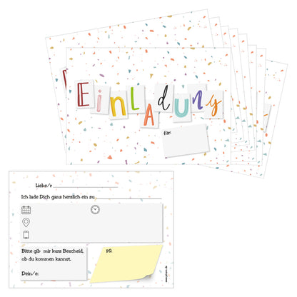 einladungskarte letters, bunte optik mit  aufschrift einladung  auf vorderseite, rückseite mit details zur einladung