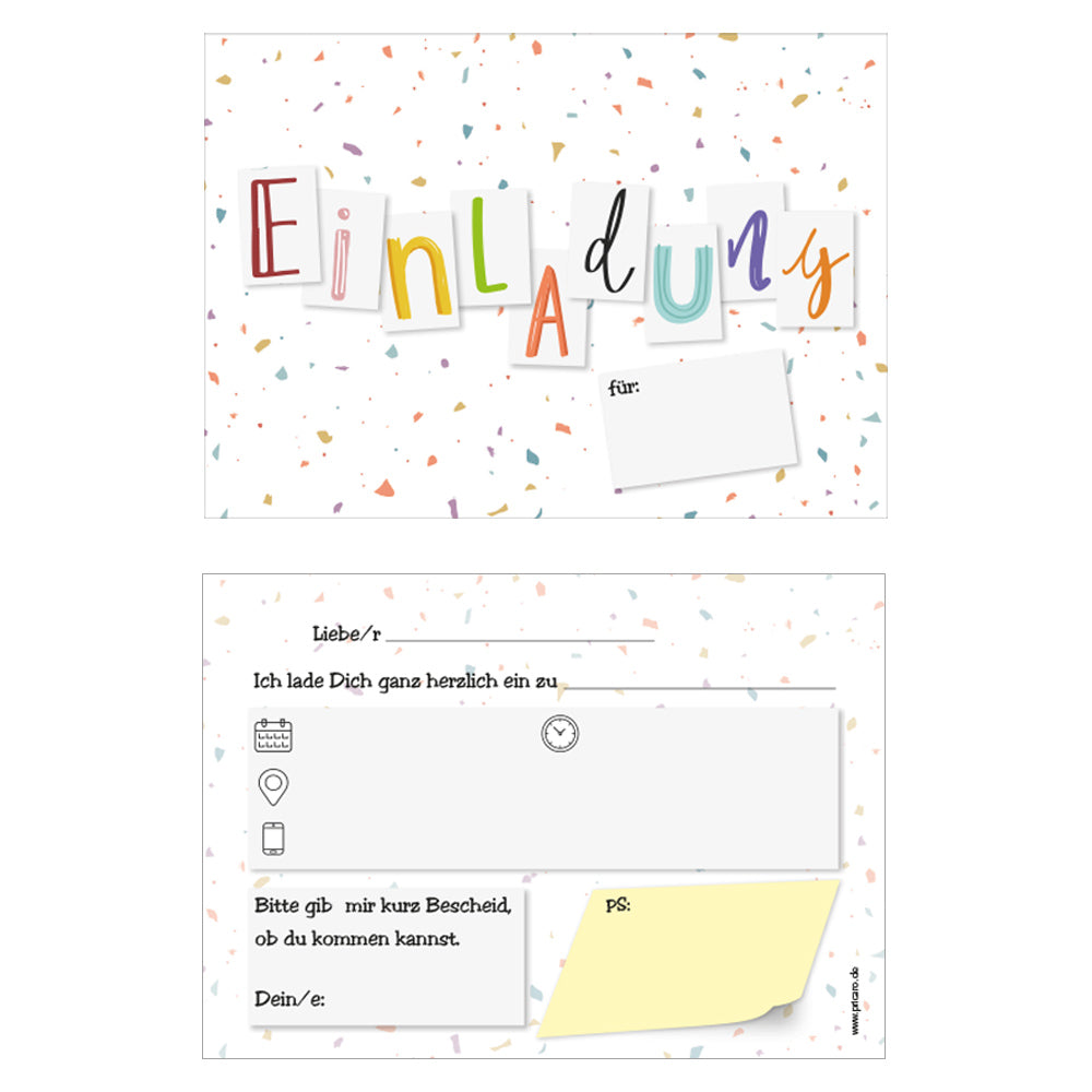 einladungskarte für kindergeburtstag. vorder- und rückseite. vorderseite mit bunter aufschrift einladung und bunten konfetti rückeseite details zur einladung