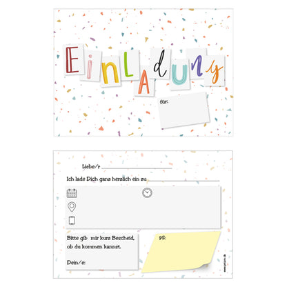 einladungskarte für kindergeburtstag. vorder- und rückseite. vorderseite mit bunter aufschrift einladung und bunten konfetti rückeseite details zur einladung