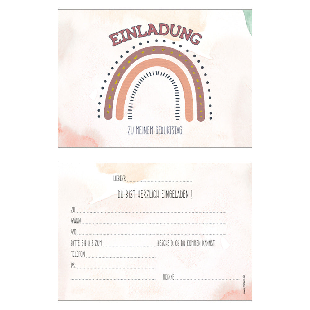 einladungskarte für kindergeburtstag. vorder- und rückseite. vorderseite mit rosa-rotem regenbogen und der aufschrift einladung, rückseite details zur einladung