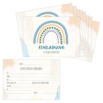 einladungskarte regenblogen 2, bunte optik mit regenbogen, mit blauer aufschrift einladung zu meinem geburtstag auf vorderseite, rückseite mit details zur einladung