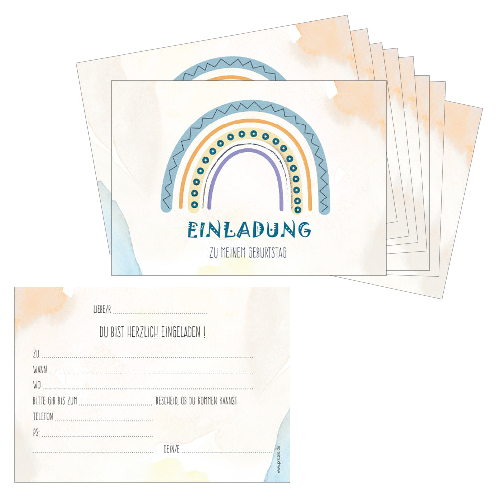 einladungskarte für kindergeburtstag. vorder- und rückseite. vorderseite mit blau-buntem regenbogen und der aufschrift einladung, rückseite details zur einladung