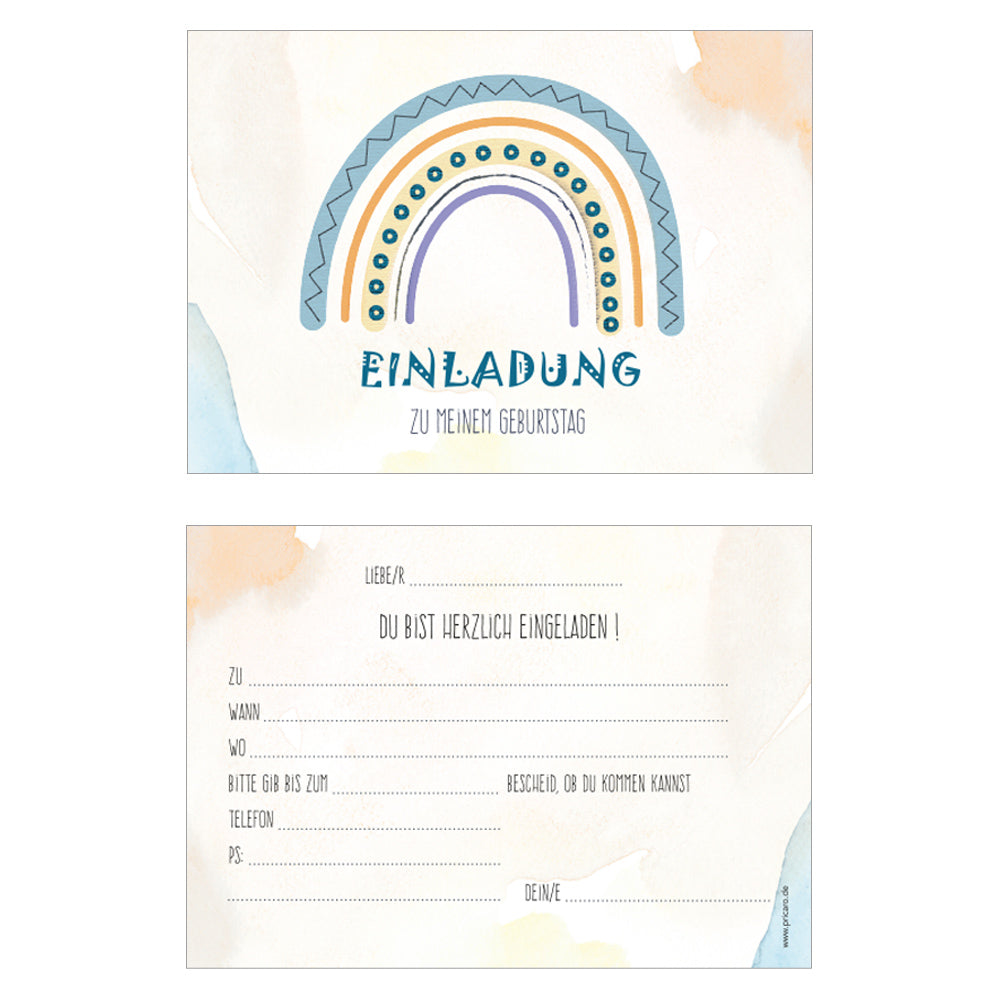 einladungskarte für kindergeburtstag. vorder- und rückseite. vorderseite mit blau-buntem regenbogen und der aufschrift einladung, rückseite details zur einladung