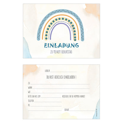 einladungskarte für kindergeburtstag. vorder- und rückseite. vorderseite mit blau-buntem regenbogen und der aufschrift einladung, rückseite details zur einladung