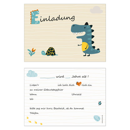 einladungskarte für kindergeburtstag. vorder- und rückseite. vorderseite mit dino und der aufschrift einladung, rückseite details zur einladung