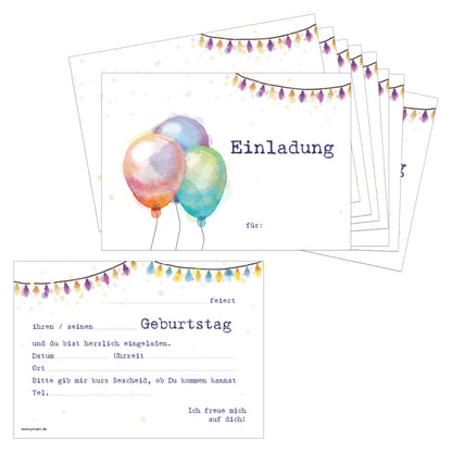einladungskarte luftballon, weiß-bunte optik, mit luftballons und der aufschrift einladung auf vorderseite, rückseite mit details zur einladung