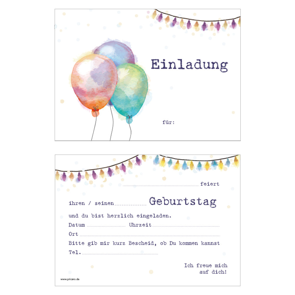 einladungskarte für kindergeburtstag. vorder- und rückseite. vorderseite mit bunten ballons und der aufschrift einladung, rückseite details zur einladung