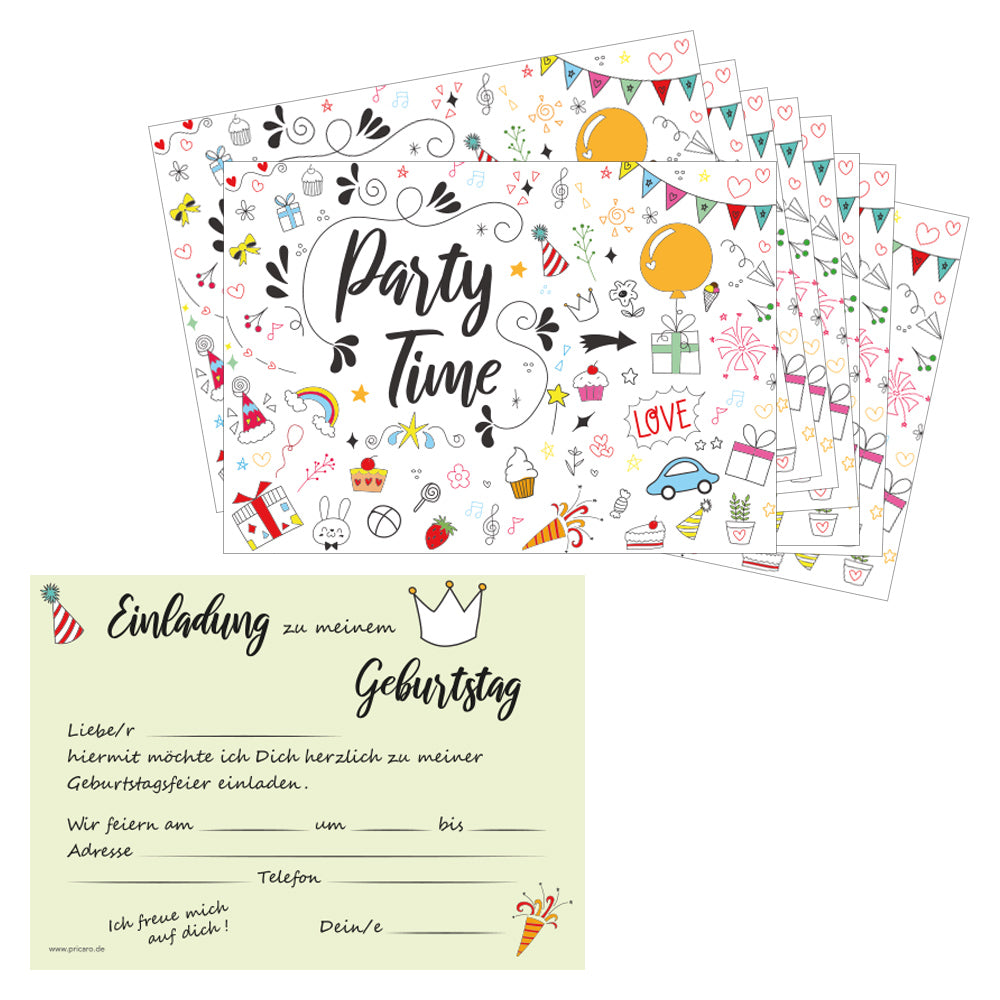 einladungskarte party time, bunte optik, mit aufschrift party time auf vorderseite, rückseite mit details zur einladung