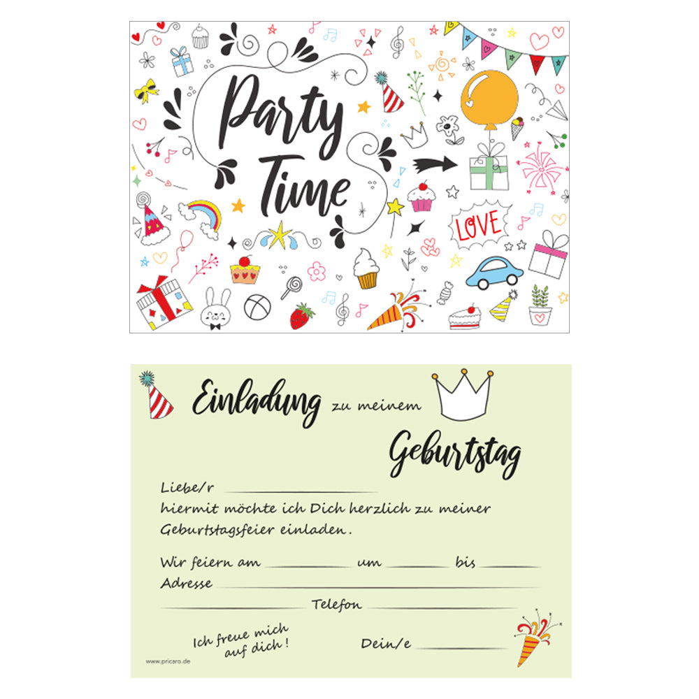 einladungskarte für kindergeburtstag. vorder- und rückseite. vorderseite bunt mit  der aufschrift party time, rückseite grün mit details zur einladung