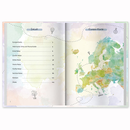 reisetagebuch innenseite, inhaltsverzeichnis und europakarte