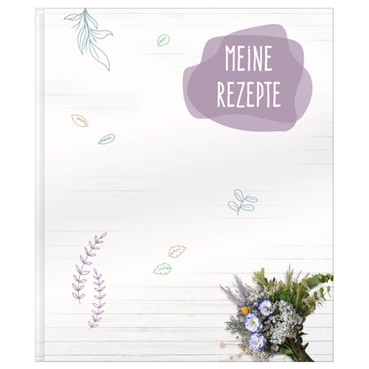 rezeptordner bouquet a4, bunte optik mit blumenmotiv, aufschrift meine rezepte, frontansicht