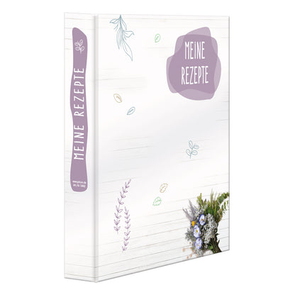 rezeptordner bouquet a4, bunte optik mit blumenmotiv, aufschrift meine rezepte, frontansicht schräg