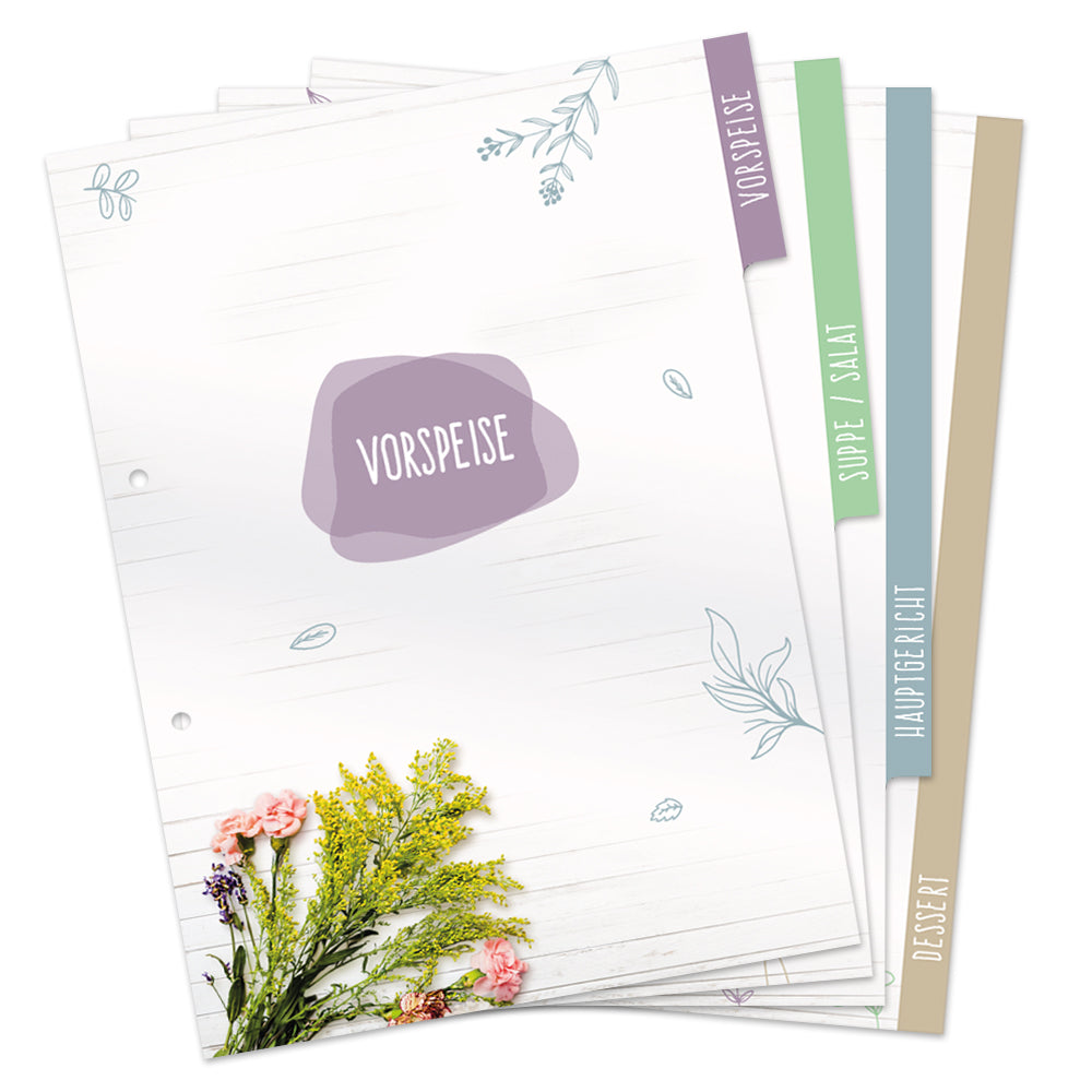 rezeptregister bouquet mit blumenmotiv und aufdrucken für vorspeise, suppe/salat, hauptgericht und dessert, aufgefächert