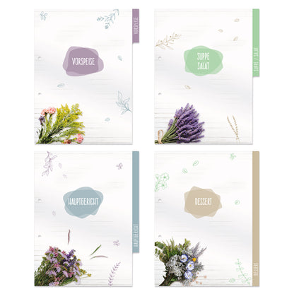 rezeptregister bouquet mit blumenmotiv und aufdrucken für vorspeise, suppe/salat, hauptgericht und dessert