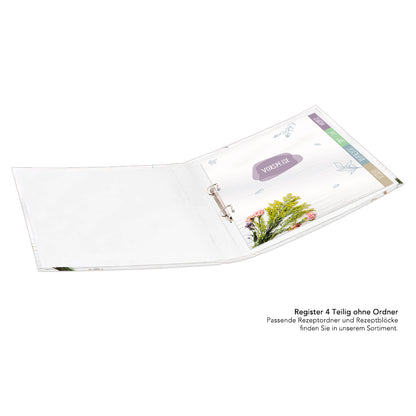 rezeptregister bouquet mit blumenmotiv und aufdrucken für vorspeise, suppe/salat, hauptgericht und dessert, abgeheftet in ordner