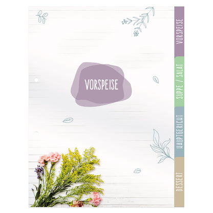 rezeptregister bouquet mit blumenmotiv und aufdrucken für vorspeise, suppe/salat, hauptgericht und dessert, aufeinander liegend