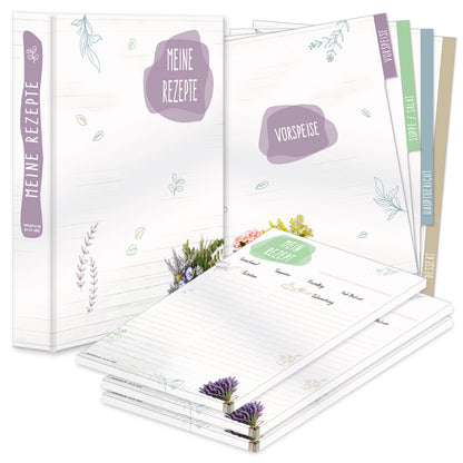 rezeptordner komplett-set bouquet, a4, rezeptordner bouquet weiß-bunte optik mit abgebildeten blumenmotiven und der aufschrift meine rezepte, mit drei passenden rezeptblöcken bouquet und passenden registern