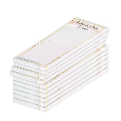 notizblock schmal, golden dots, rosé goldene optik mit goldenen punkten und der aufschrift "notizen, ideen & mehr, 10er set