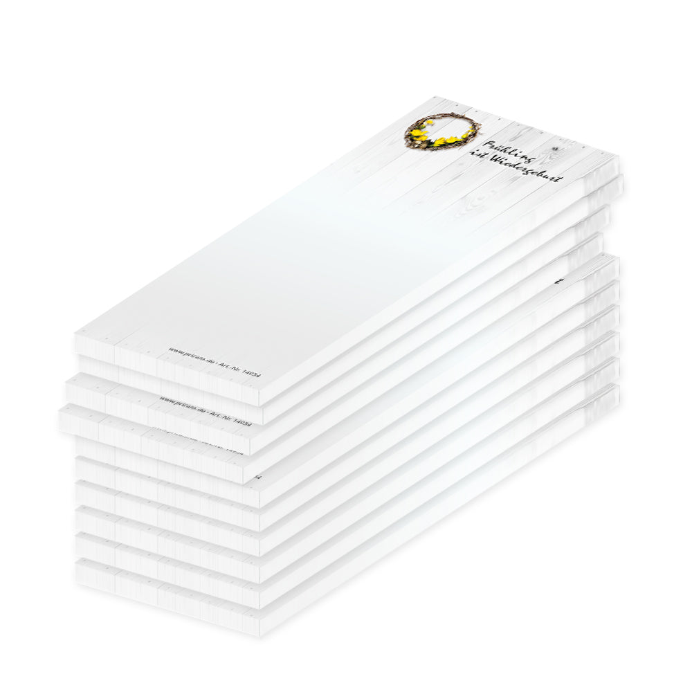 notizblock schmal, frühling, weiß-graue optik mit frühlingskranz und aufdruck "frühling ist wiedergeburt", 10er set